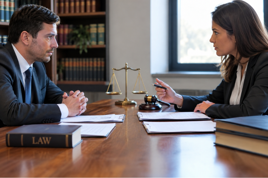 Two lawyers facing each other across a table with legal documents during a dispute