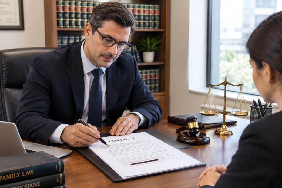 Lawyer reviewing a contract with a client in a law office.