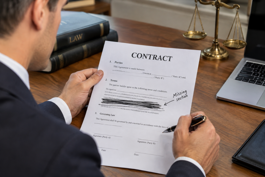 Lawyer reviewing a contract with a missing section.