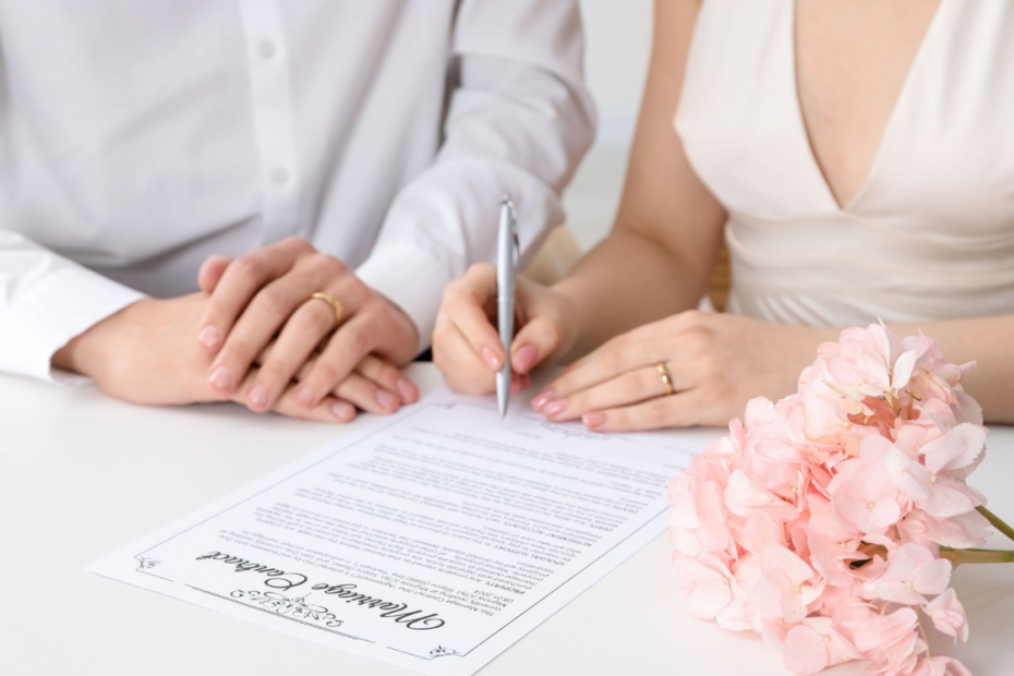 Couple signing a marriage contract document